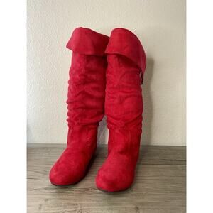 Women's Red Faux Suede Slouchy Mid-Calf Boots Round Toe Flat Size 11W 11 Wide